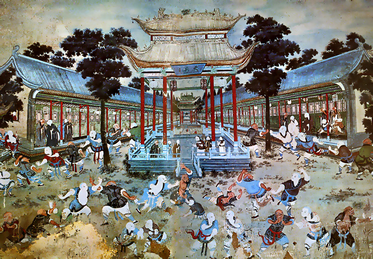 A mural at the Shaolin Temple showing monks practicing Cross Roads at Four Gates